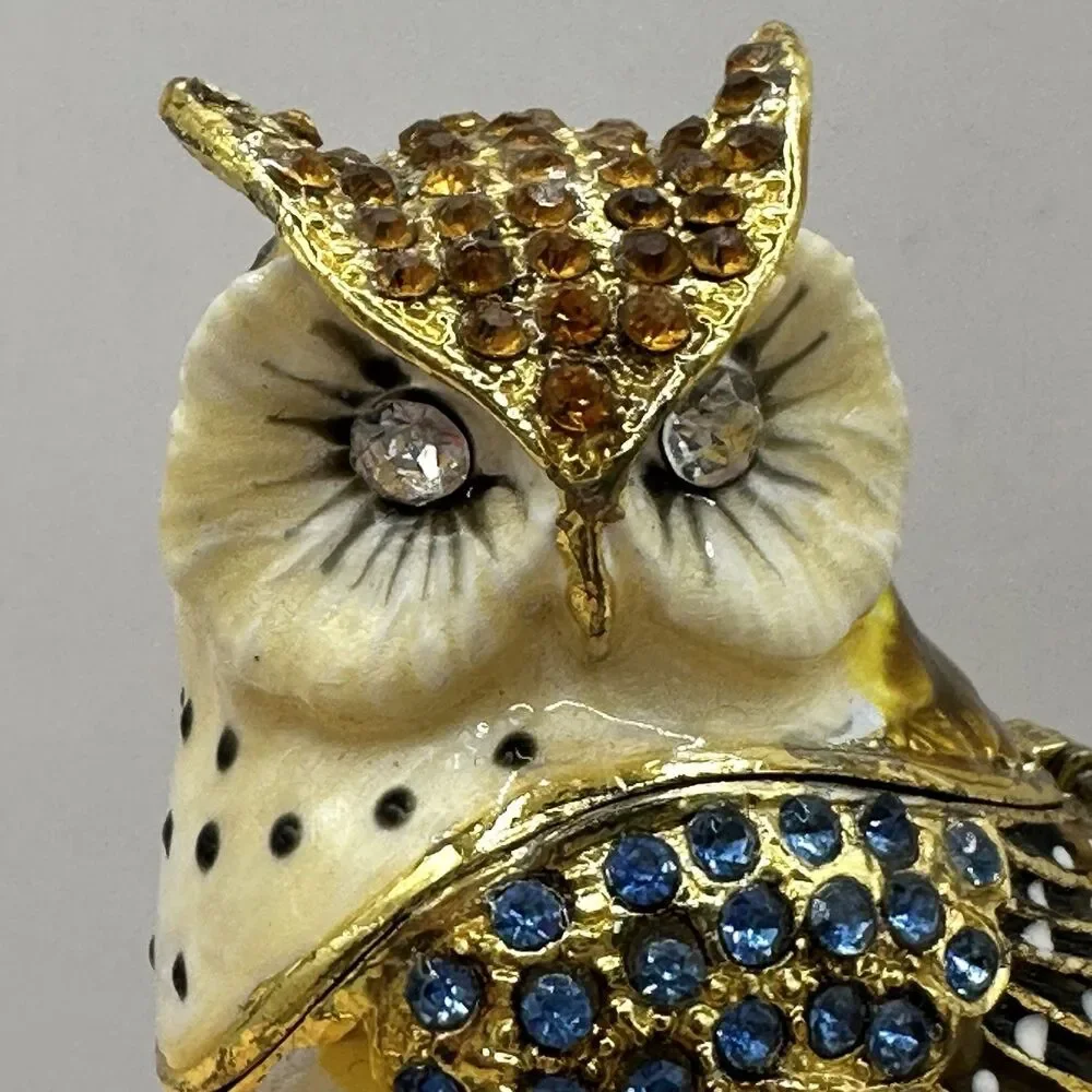 Charming Owl Jeweled Enameled Trinket Box Rhinestone Magnetic Closure Gold-Tone
